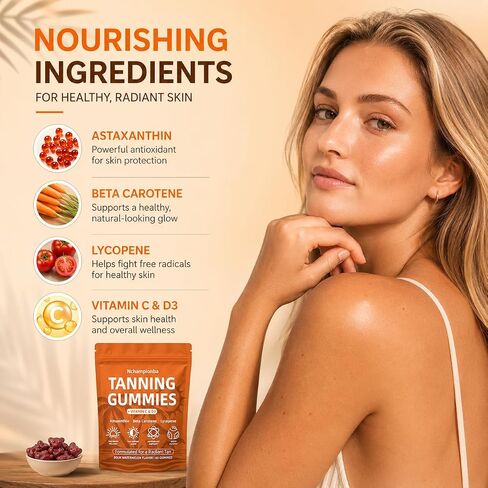 Tanning Gummies with Astaxanthin for Women and Men | Sunless Tanning Supplement with Beta Carotene, Lycopene, Collagen & Vitamins | Skin Radiance & Hydration | Vegan & Sugar Free - 60 Count in Kuwait