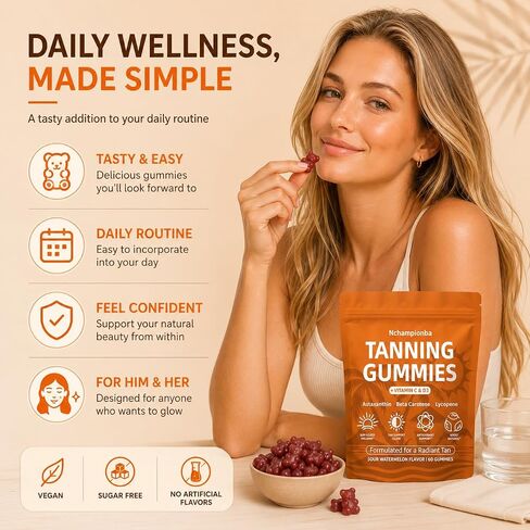 Tanning Gummies with Astaxanthin for Women and Men | Sunless Tanning Supplement with Beta Carotene, Lycopene, Collagen & Vitamins | Skin Radiance & Hydration | Vegan & Sugar Free - 60 Count in Kuwait