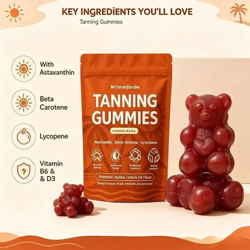 Tanning Gummies with Astaxanthin for Women and Men | Sunless Tanning Supplement with Beta Carotene, Lycopene, Collagen & Vitamins | Skin Radiance & Hydration | Vegan & Sugar Free - 60 Count in Kuwait