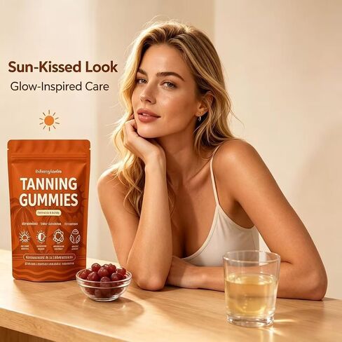 Tanning Gummies with Astaxanthin for Women and Men | Sunless Tanning Supplement with Beta Carotene, Lycopene, Collagen & Vitamins | Skin Radiance & Hydration | Vegan & Sugar Free - 60 Count in Kuwait