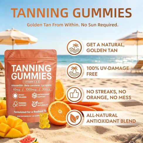 Skin Tanning Gummies–Fast-Acting Sunless Tanner, Natural Bronze Glow, Hydrating Skin, Non-GMO, Sugar-Free, for Women, 60 Count in Saudi Arabia