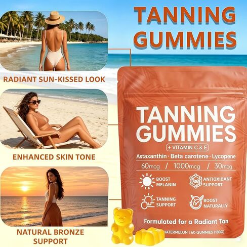 Skin Tanning Gummies–Fast-Acting Sunless Tanner, Natural Bronze Glow, Hydrating Skin, Non-GMO, Sugar-Free, for Women, 60 Count in Saudi Arabia