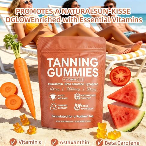 Skin Tanning Gummies–Fast-Acting Sunless Tanner, Natural Bronze Glow, Hydrating Skin, Non-GMO, Sugar-Free, for Women, 60 Count in Saudi Arabia