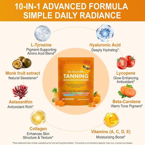 Tanning Gummies with Astaxanthin - Tanning Gummies for Women & Men - Sunless Tanning Supplement with L-Tyrosine, Lycopene, Collagen & Vitamins Vegan, Sugar-Free - 60 Count in Saudi Arabia