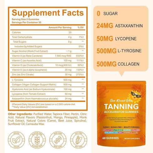 Tanning Gummies with Astaxanthin - Tanning Gummies for Women & Men - Sunless Tanning Supplement with L-Tyrosine, Lycopene, Collagen & Vitamins Vegan, Sugar-Free - 60 Count in Saudi Arabia