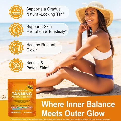 Tanning Gummies with Astaxanthin - Tanning Gummies for Women & Men - Sunless Tanning Supplement with L-Tyrosine, Lycopene, Collagen & Vitamins Vegan, Sugar-Free - 60 Count in Saudi Arabia