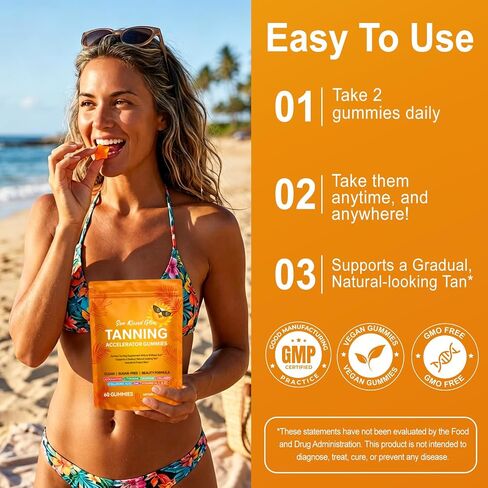 Tanning Gummies with Astaxanthin - Tanning Gummies for Women & Men - Sunless Tanning Supplement with L-Tyrosine, Lycopene, Collagen & Vitamins Vegan, Sugar-Free - 60 Count in Saudi Arabia