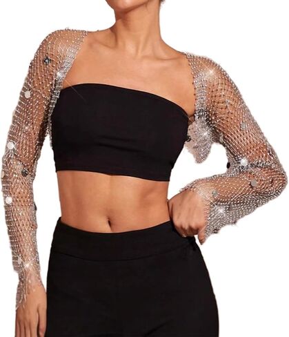 Vakkest Womens Sexy Shrug Top Rhinestone Sparkly Glitter Mesh Sheer Bell Sleeve Cover up Disco Party Club Wear in Kuwait