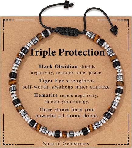 Healing Crystal Bracelet for Men Women, Triple Protection Hematite Black Obsidian Tiger Eye Natural Gemstone Beaded Bracelets Jewelry Gifts for Him in Saudi Arabia