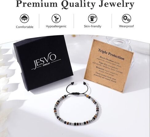Healing Crystal Bracelet for Men Women, Triple Protection Hematite Black Obsidian Tiger Eye Natural Gemstone Beaded Bracelets Jewelry Gifts for Him in Saudi Arabia