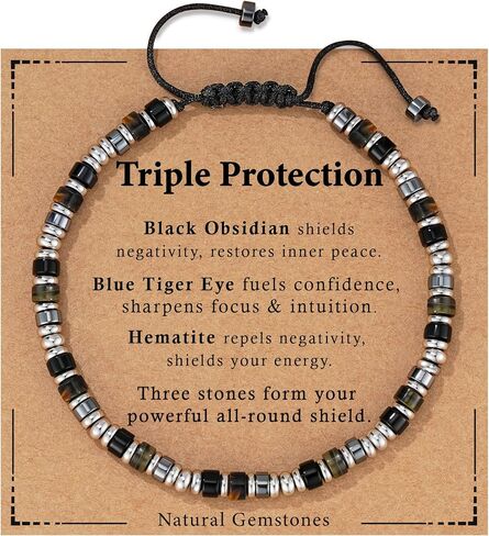 Healing Crystal Bracelet for Men Women, Triple Protection Hematite Black Obsidian Tiger Eye Natural Gemstone Beaded Bracelets Jewelry Gifts for Him in Saudi Arabia