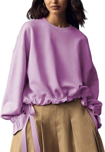 Women's Long Sleeve Crewneck Tops Oversized Casual Drawstring Hem Pullover Sweatshirts Fall Outfits in Saudi Arabia