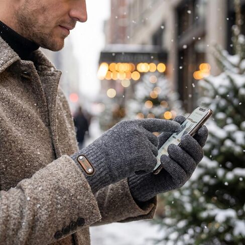 Grey Double-Layer Knit Touchscreen Gloves with Label Detai,Thick Warm Design Non-Slip Elastic Soft Cozy – Ideal for Daily Winter Outdoor & Phone Use in Kuwait