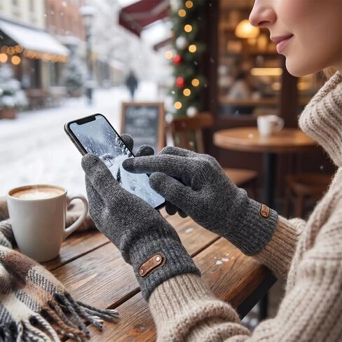 Grey Double-Layer Knit Touchscreen Gloves with Label Detai,Thick Warm Design Non-Slip Elastic Soft Cozy – Ideal for Daily Winter Outdoor & Phone Use in Kuwait