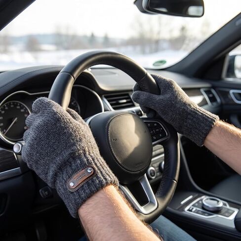 Grey Double-Layer Knit Touchscreen Gloves with Label Detai,Thick Warm Design Non-Slip Elastic Soft Cozy – Ideal for Daily Winter Outdoor & Phone Use in Kuwait