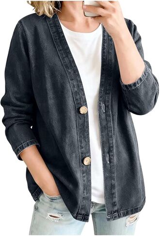Women's Jean Jacket Classic Long Sleeve Button Down Denim Cardigan V Neck Collarless Denim Jacket in Kuwait