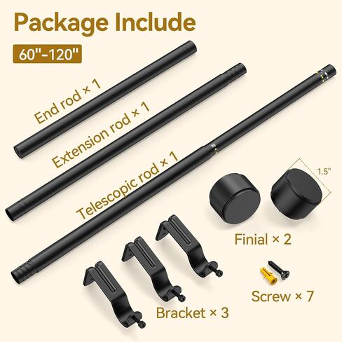 Yafex Curtain Rods 60-120 Inch, Upgraded 1 Inch 2x Longer Rod Sections, 30" Extra Long Adjustable Range Black Curtain Rod for Windows for Living Room, Bedroom Heavy Duty Modern Design & Easy Install in Kuwait