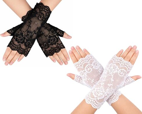 DS. DISTINCTIVE STYLE 2 Pairs Fingerless Lace Gloves Black White Floral Short Wrist Gloves Elegant Bridal Accessory for Wedding Party Prom Cosplay Gothic Daily Wear in Kuwait