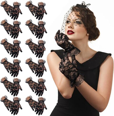 12Pieces Women's Short Lace Gloves – Elegant Vintage Floral Dress Gloves for Wedding, Prom, Tea Party & 1920s Costume in Saudi Arabia