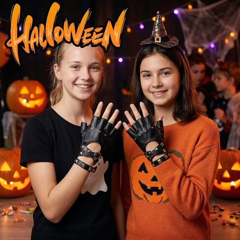 Small Size Fingerless Faux Leather Gloves Black Biker Punk Gloves Halloween PU Leather Half Finger Glove for Women Teens Kids in Saudi Arabia