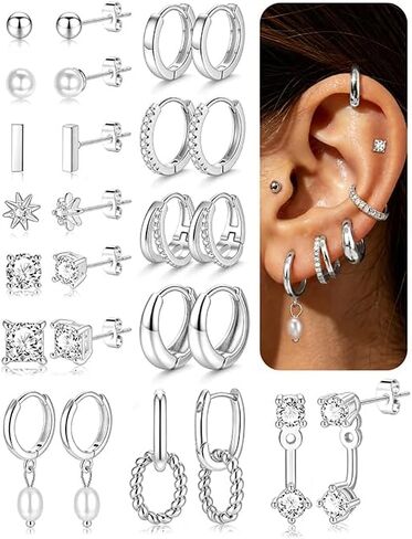 13 Pairs Gold Earrings Set for Women, Hypoallergenic 14K Gold Plated Stud and Huggie Hoop Earrings, Dainty Lightweight Cartilage Earring for Multiple Piercings Gift in Kuwait