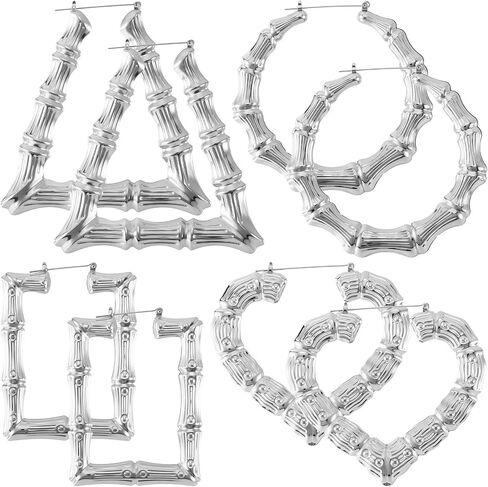 PAGOW 4 Pairs Extra Large Bamboo Earrings, Heart-Shaped Trapezoidal Rectangular Hoop Bamboo Earrings, Hypoallergenic 80s 90s Shiny Hip Hop Earring Hoops in Kuwait