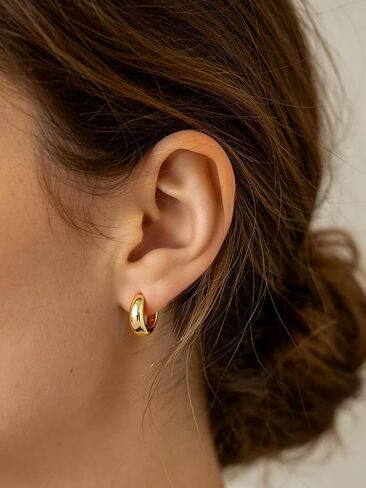 Silvora 14K Gold Plated Chunky Hoop Earrings for Women, Small Thick Huggie Hoops with 925 Sterling Silver Post, Hypoallergenic Lightweight Hoop Earrings, 8/10/12/14mm in Kuwait