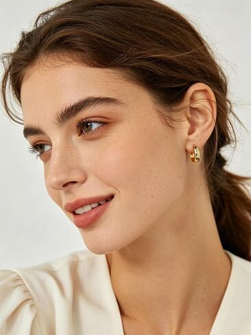 Silvora 14K Gold Plated Chunky Hoop Earrings for Women, Small Thick Huggie Hoops with 925 Sterling Silver Post, Hypoallergenic Lightweight Hoop Earrings, 8/10/12/14mm in Kuwait
