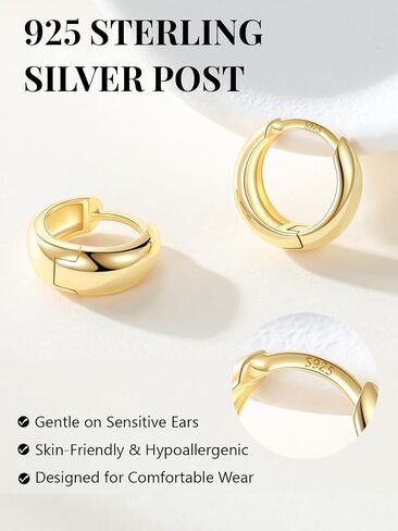 Silvora 14K Gold Plated Chunky Hoop Earrings for Women, Small Thick Huggie Hoops with 925 Sterling Silver Post, Hypoallergenic Lightweight Hoop Earrings, 8/10/12/14mm in Kuwait