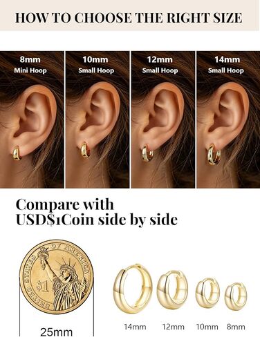 Silvora 14K Gold Plated Chunky Hoop Earrings for Women, Small Thick Huggie Hoops with 925 Sterling Silver Post, Hypoallergenic Lightweight Hoop Earrings, 8/10/12/14mm in Kuwait