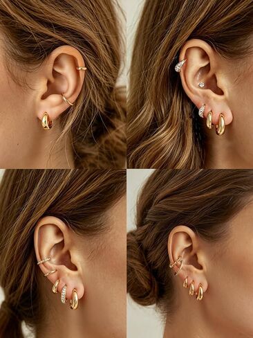 Silvora 14K Gold Plated Chunky Hoop Earrings for Women, Small Thick Huggie Hoops with 925 Sterling Silver Post, Hypoallergenic Lightweight Hoop Earrings, 8/10/12/14mm in Kuwait