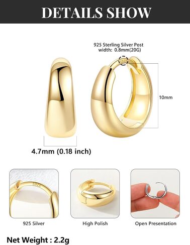 Silvora 14K Gold Plated Chunky Hoop Earrings for Women, Small Thick Huggie Hoops with 925 Sterling Silver Post, Hypoallergenic Lightweight Hoop Earrings, 8/10/12/14mm in Kuwait