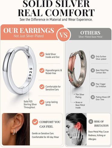 FaithHeart 925 Sterling Silver Huggie Hoop Earrings, Silver Small Hoop Earring for Women, 14K Gold/Black/Rose Gold Hypoallergenic Cartilage Earrings for Women 6/8/10/12/14/16/18/20mm in Kuwait