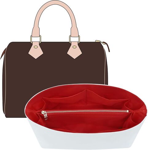 Speedy 30 Purse Organizer Insert for Lv Bags and More, Light Waterproof DupontPaper Bag Insert Shaper Protector for Women Tote Handbags, 11 Pockets with Zip(White&Red, L) in Saudi Arabia