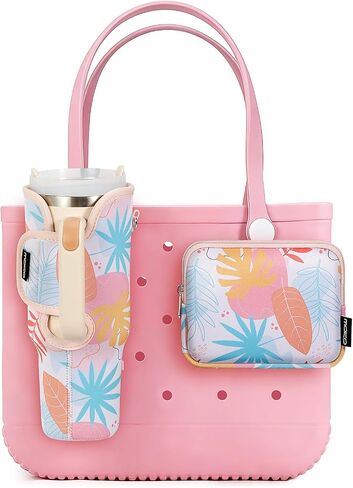 MoKo 2pcs Cup & Phone Holder Accessories for Bogg Bag, Upgraded Adjustable Strap Beach Bags Organizer Compatible with Bogg Bags Original, Rubber Beach Tote Bag, Tropical Leaf in Kuwait