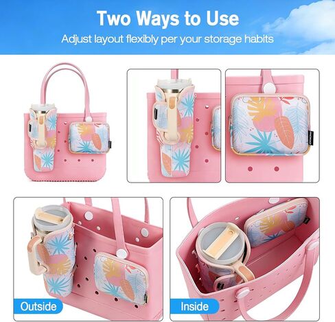 MoKo 2pcs Cup & Phone Holder Accessories for Bogg Bag, Upgraded Adjustable Strap Beach Bags Organizer Compatible with Bogg Bags Original, Rubber Beach Tote Bag, Tropical Leaf in Kuwait