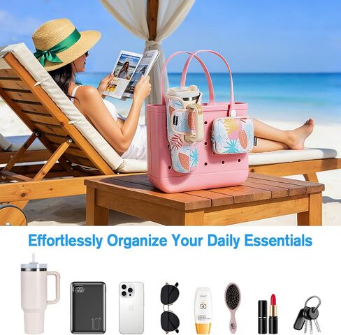 MoKo 2pcs Cup & Phone Holder Accessories for Bogg Bag, Upgraded Adjustable Strap Beach Bags Organizer Compatible with Bogg Bags Original, Rubber Beach Tote Bag, Tropical Leaf in Kuwait