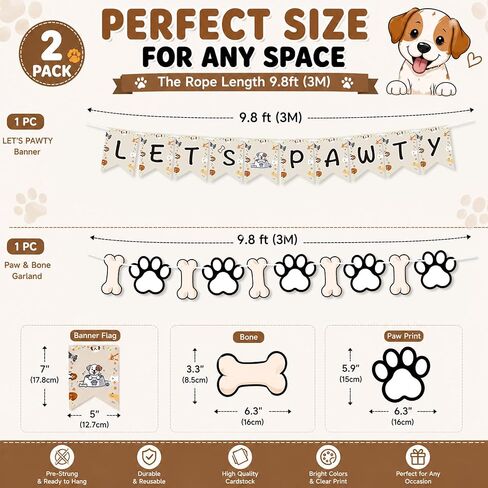 Let's Pawty Banner for Dog Birthday Decorations, Paw Prints and Bones Garland Bunting Pet Dog Birthday Banner Puppy Themed Party Supplies for Backdrop in Kuwait