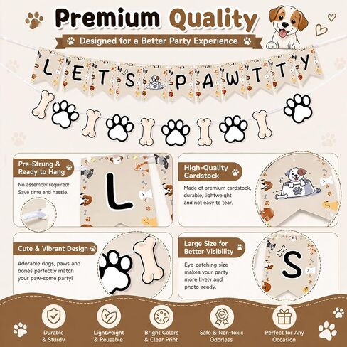 Let's Pawty Banner for Dog Birthday Decorations, Paw Prints and Bones Garland Bunting Pet Dog Birthday Banner Puppy Themed Party Supplies for Backdrop in Kuwait
