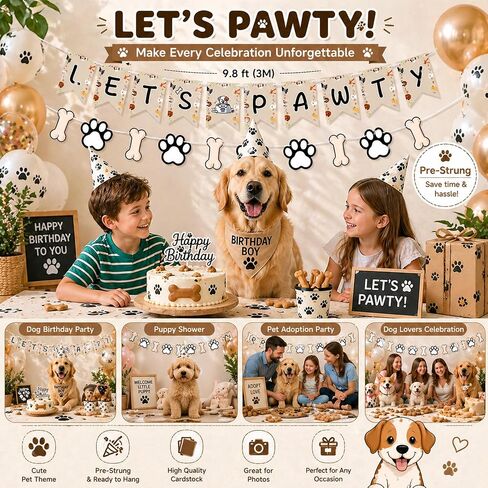Let's Pawty Banner for Dog Birthday Decorations, Paw Prints and Bones Garland Bunting Pet Dog Birthday Banner Puppy Themed Party Supplies for Backdrop in Kuwait