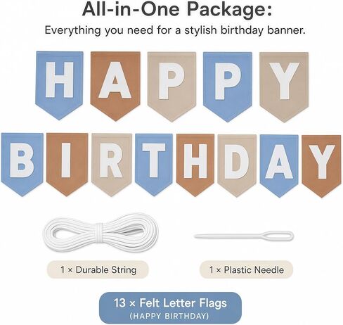 Felt Happy Birthday Banner DIY Set, Dusty Blue & Earth Tones Boho Birthday Decorations for Boys Men, Premium Thick Fabric Bunting for 1st Birthday, Baby Shower, Blue Theme Party Decor, Reusable in Saudi Arabia