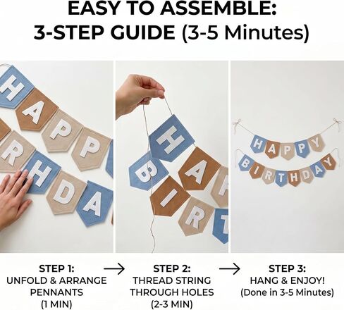 Felt Happy Birthday Banner DIY Set, Dusty Blue & Earth Tones Boho Birthday Decorations for Boys Men, Premium Thick Fabric Bunting for 1st Birthday, Baby Shower, Blue Theme Party Decor, Reusable in Saudi Arabia