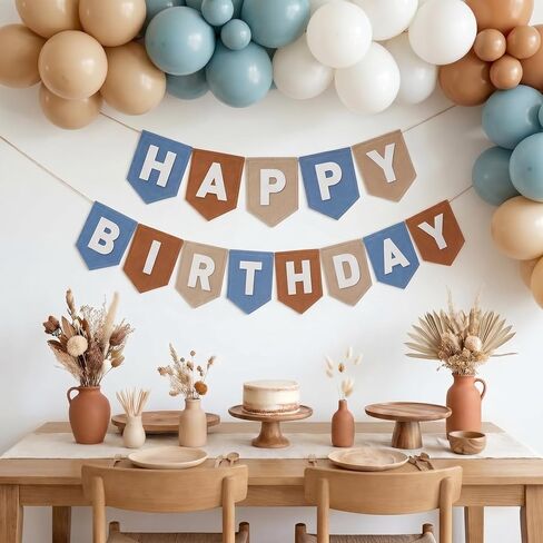 Felt Happy Birthday Banner DIY Set, Dusty Blue & Earth Tones Boho Birthday Decorations for Boys Men, Premium Thick Fabric Bunting for 1st Birthday, Baby Shower, Blue Theme Party Decor, Reusable in Saudi Arabia