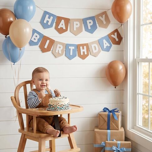 Felt Happy Birthday Banner DIY Set, Dusty Blue & Earth Tones Boho Birthday Decorations for Boys Men, Premium Thick Fabric Bunting for 1st Birthday, Baby Shower, Blue Theme Party Decor, Reusable in Saudi Arabia
