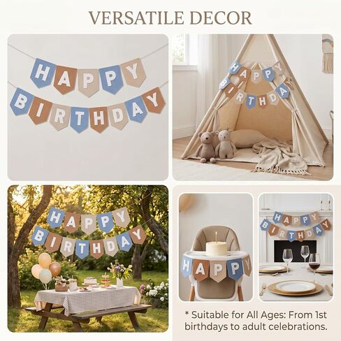 Felt Happy Birthday Banner DIY Set, Dusty Blue & Earth Tones Boho Birthday Decorations for Boys Men, Premium Thick Fabric Bunting for 1st Birthday, Baby Shower, Blue Theme Party Decor, Reusable in Saudi Arabia