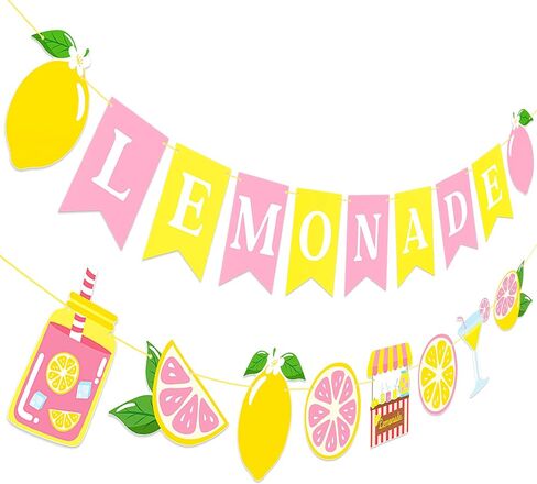 Pink Lemonade Banner Garland, 2pcs Lemon Themed Bunting Hanging Decor for Summer Lemonade Stand Birthday Baby Shower Bridal Shower Pool Luau Tropical Party Supplies in Saudi Arabia
