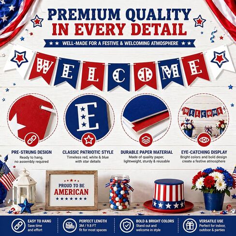 Patriotic Welcome Banner for 4th of July Decorations, Welcome Decorations for Birthday, Baby Shower, Homecoming Party Decorations, Classroom Office Front Door Porch Sign in Kuwait