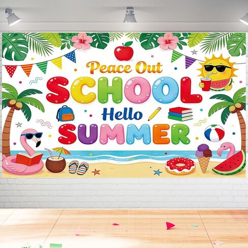 Schools Out for Summer Decorations - Peace Out School Hello Summer Backdrop Decorations, Last Day of School Pool Palm Tree Party Decor for Beach Vacation Indoor Outdoor in Saudi Arabia