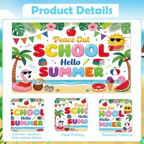 Schools Out for Summer Decorations - Peace Out School Hello Summer Backdrop Decorations, Last Day of School Pool Palm Tree Party Decor for Beach Vacation Indoor Outdoor in Saudi Arabia