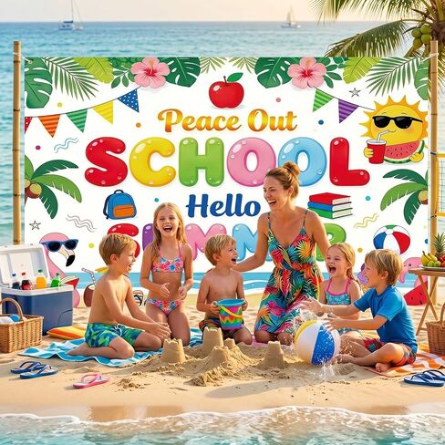 Schools Out for Summer Decorations - Peace Out School Hello Summer Backdrop Decorations, Last Day of School Pool Palm Tree Party Decor for Beach Vacation Indoor Outdoor in Saudi Arabia